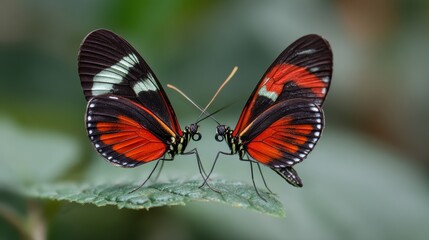 Fototapeta premium Vibrant Tropical Butterflies Displaying Colors on Green Leaf in Natural Habitat