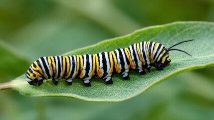 Close-up of Colorful Monarch Caterpillar on Green Leaf in Lush Garden Setting