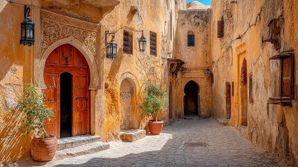 Naklejka premium Fez Medina Cobblestone Alley, warm sandstone stones worn by centuries of footsteps, inviting atmosphere, rich history, vibrant culture, a glimpse into daily life.