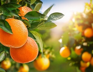 valencia oranges hanging on a tree with a soft focus on lush green fruit farm background