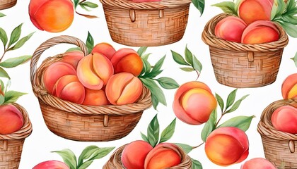 seamless pattern watercolor peaches baskets on white background drawing abstract illustration