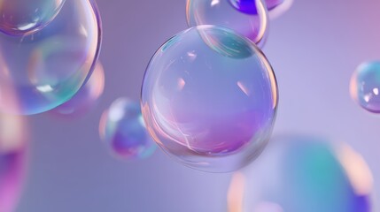 Naklejka premium Colorful transparent bubbles floating in soft purple-blue gradient with light halos, dreamy ethereal atmosphere.