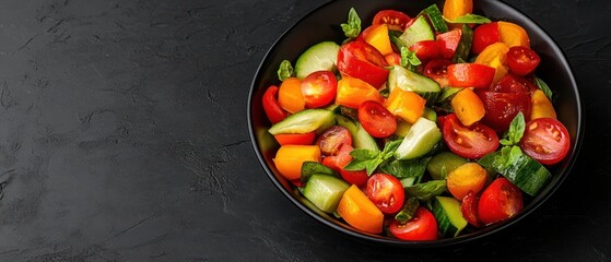 Colorful chopped cucumber and tomato salad healthy food concept