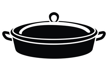 Isolated cookware casserole dish with lid and handles is presented in black and white