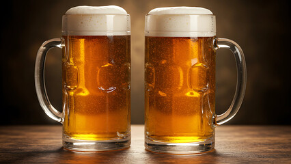 Frothy Beer Mugs on a Wooden Table
