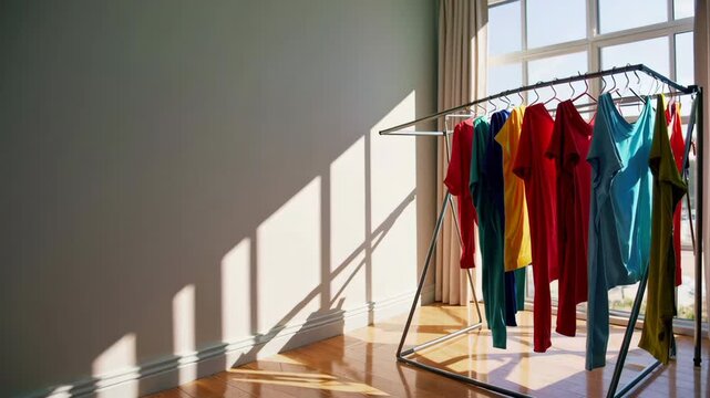 Colorful clothes drying on rack by sunny window