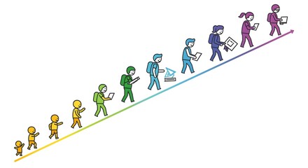 Colorful Illustration of Human Progression Through Different Life Stages with Technology Integration