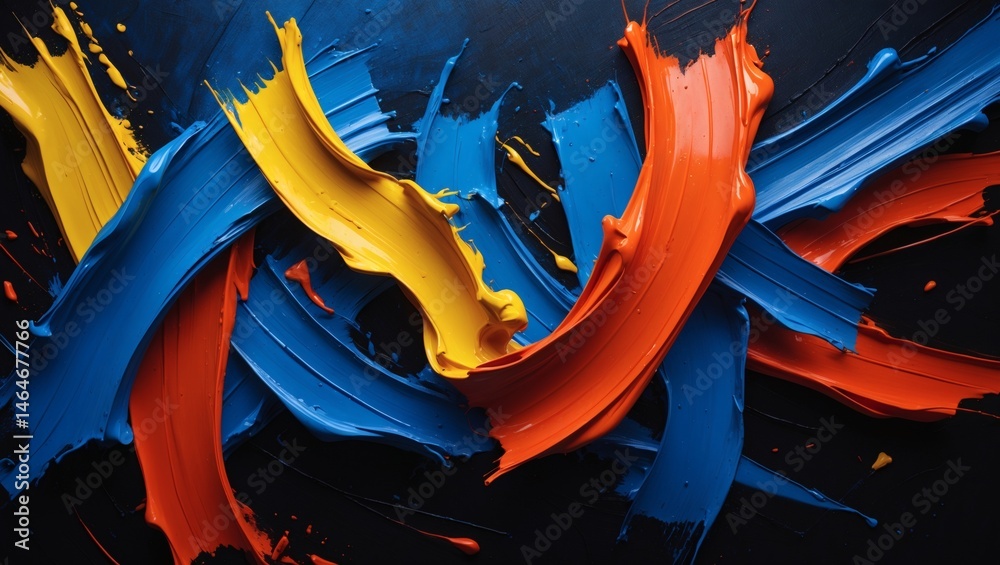 Poster Vibrant and dynamic abstract strokes in the colors of yellow, blue, and orange, creating an artistic and expressive composition. The interplay of colors, textures.