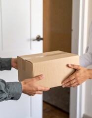 Courier Delivering Cardboard Box – Realistic Home Delivery, Close-Up