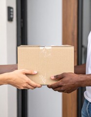 Courier Delivering Cardboard Box – Realistic Home Delivery, Close-Up