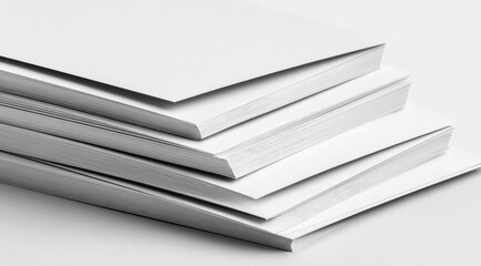 Stack of blank white papers.  Several sheets of pristine white paper are neatly stacked, with some pages overlapping, creating a visual of documents, books, or brochures