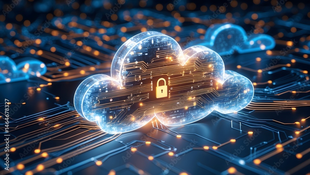 Aufkleber Cloud computing and data protection concept with a digital cloud and a lock symbol on circuit board