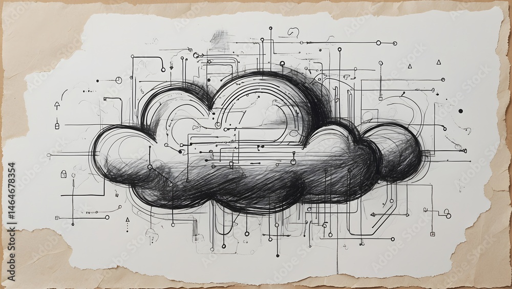 Poster a detailed sketch depicting a cloud shape with connected digital circuits, representing the concept of cloud computing and technology