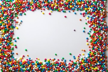 Obraz premium Colorful, round sprinkles forming a frame around a white background. A variety of vibrant colors create a festive and playful design