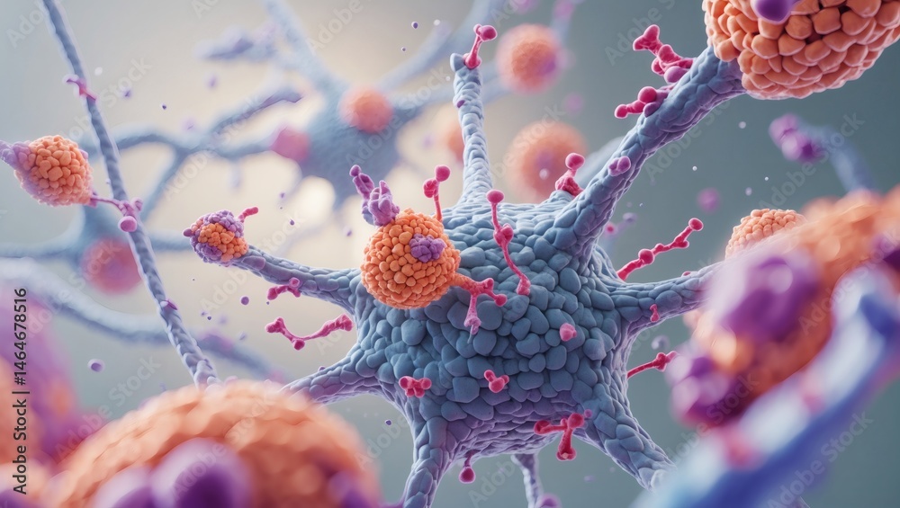 Poster microscopic view of neurons with synaptic connections and neurotransmitters in vivid colors. it's a 