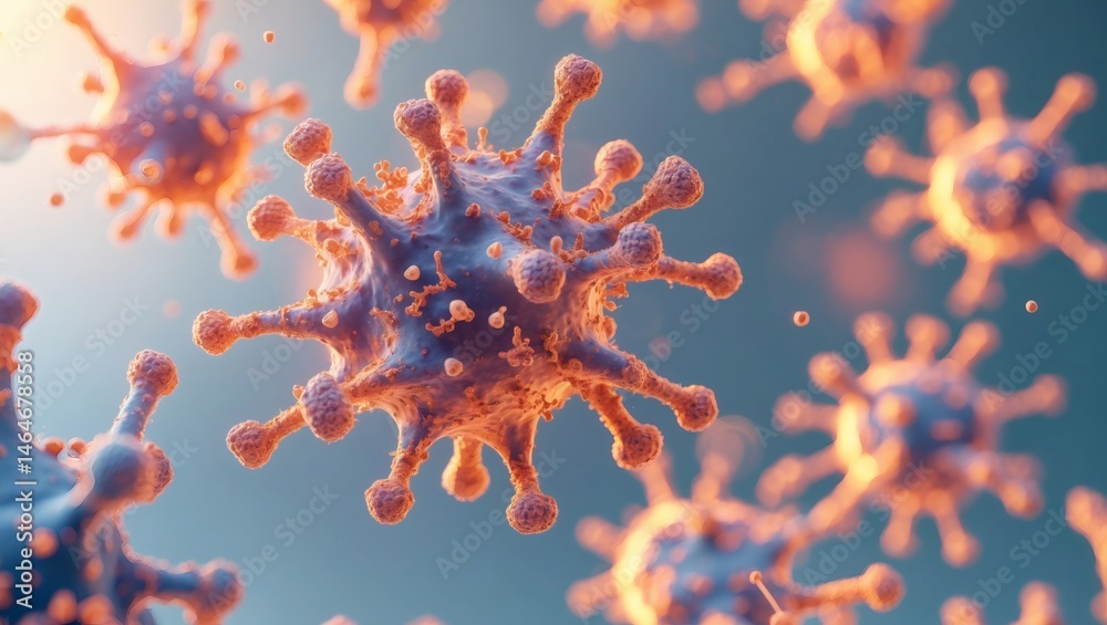 Poster close-up of virus cell, a microscopic view of a dangerous virus floating in the body
