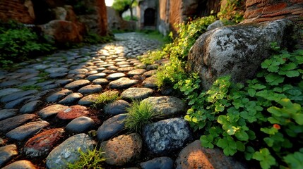Trastevere Cobblestones, ancient stones with earthy patina, adorned with grass between the gaps, embodying the charm and history of Rome's vibrant streets.
