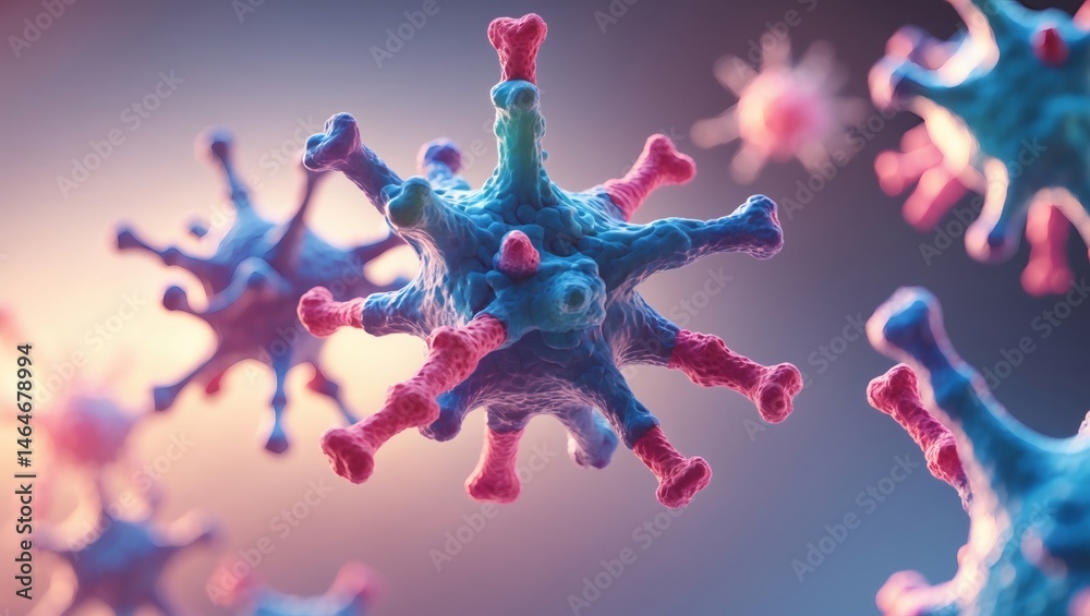 Poster microscopic view of virus particles. The image shows several virus particles in vibrant blue and pink hues, highlighting their intricate structures.