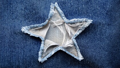 close up of a denim fabric featuring a star shaped hole showcasing the frayed edges and texture of the material