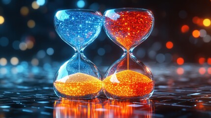 Two hourglasses, one with blue, one with red, representing contrasting forces