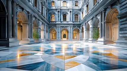 Fototapeta premium Vienna Imperial Palace Courtyard, elegant stone floor with polished light-gray cobblestones, showcasing classical symmetry and inviting open space for exploration.