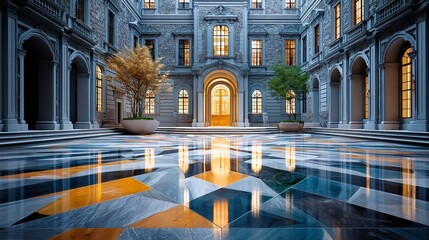 Fototapeta premium Vienna Palace Courtyard, elegant stone floor, polished light-gray cobblestones, classical symmetry, serene ambiance, inviting open space, historical architecture backdrop