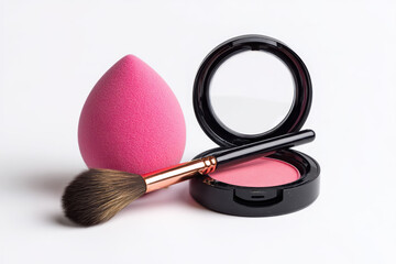 Cosmetic tools arranged with a pink beauty sponge, blush, and brush on a clean surface for makeup application