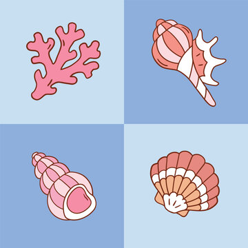 Cute vector seashell and coral. Hand drawn marine life artwork. Perfect for sticker, tee shirt logo, greeting card, poster or nursery print design. EPS 10 vector file.