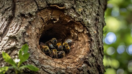 A cluster of bees gathered at the entrance of a hollow tree trunk on a sunny day in the forest outdoor