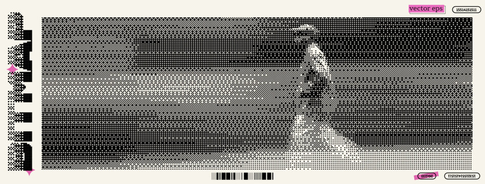 Man walking in a pixelated motion art style inspired by dadaism and y2k aesthetics, blending modern technology and retro influences