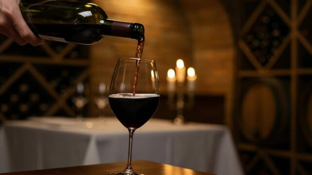 Red wine pouring into wineglass in wine cellar