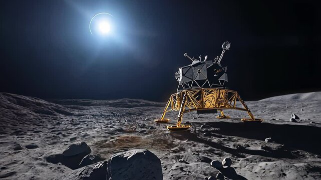 Lunar Lander on Moon Surface - Detailed Exploration Vehicle on Rocky Terrain, Space Exploration, Science, and Future Technology Concept.