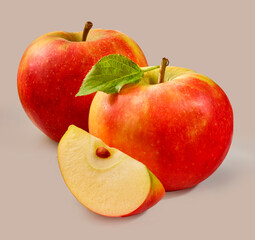 Aepfel, halber Apfel, isoliert, Obst, Apfelblatt