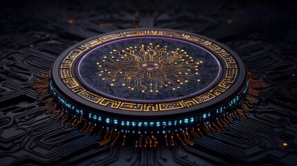 Circular circuit board design with intricate details, a golden center, and glowing components