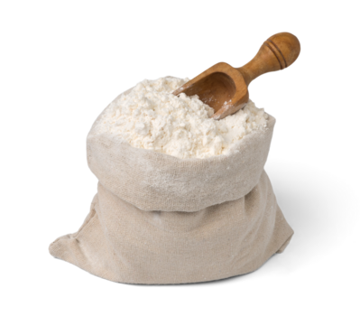 Bag with flour and wooden scoop isolated.