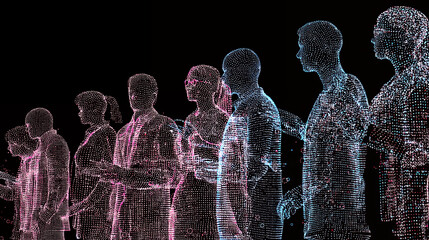 digital human figures made of particles and light trails, abstract technology background with glowing data visualization, virtual identity and network connection concept in neon gradient style
