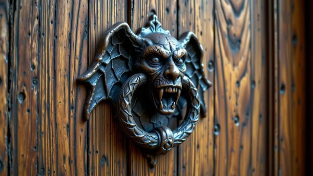 A detailed, gothic-style door knocker shaped like a menacing gargoyle is mounted on a wooden door.