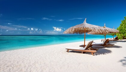 tropical beach paradise sun loungers and umbrellas on white sand azure sea
