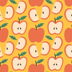 Apple summer pattern on yellow background. Simple seamless pattern with apples. Vector design for greeting card and invitation of seasonal summer holiday