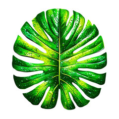 Monstera leaf with dew drops, white isolated background