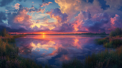 Vibrant Sunset over Calm Lake with Colorful Clouds and Water Reflection