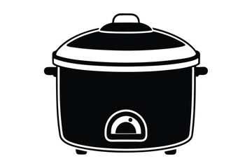 Isolated black and white cooker has a lid and handles over white background