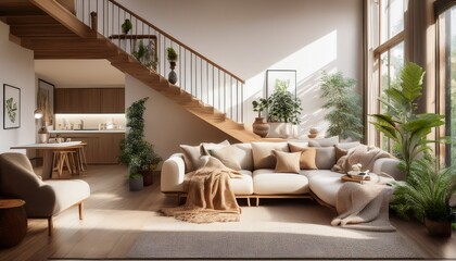 a cozy living room with a comfortable couch and staircase