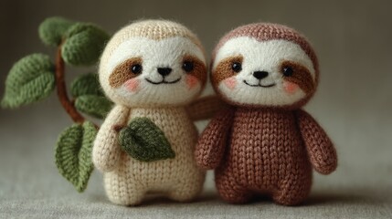 Cute knitted sloth toys with green leaves for children's decor and gifts