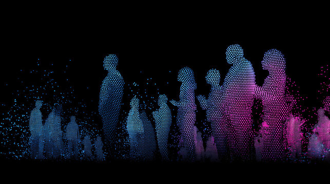 digital human figures made of particles and light trails, abstract technology background with glowing data visualization, virtual identity and network connection concept in neon gradient style