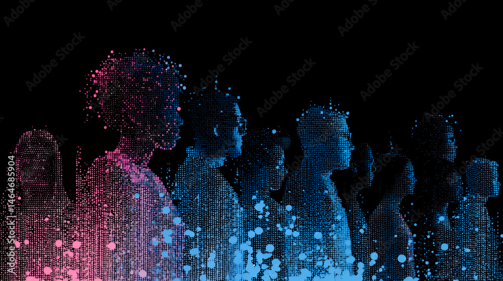 Wall mural digital human figures made of particles and light trails, abstract technology background with glowin