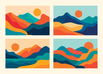 Minimalist Layered Mountain Landscape Background. Abstract Nature Horizon Banner with Sunrise and Smooth Hills. Calm Scenic View for Travel, Poster, Website Header, or Wallpaper. Vector Illustration