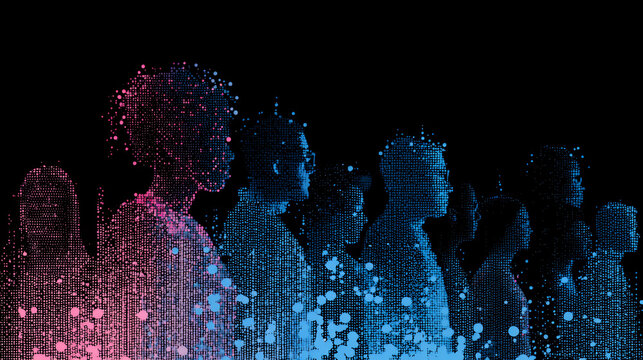 digital human figures made of particles and light trails, abstract technology background with glowing data visualization, virtual identity and network connection concept in neon gradient style