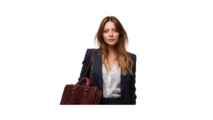 Professional woman in suit with leather briefcase business attire fashion corporate style confident look elegant on transparent background