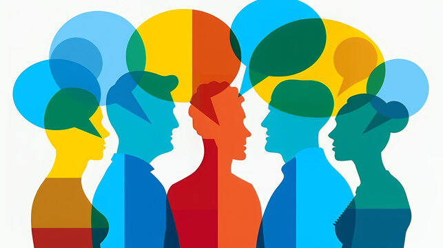 abstract human silhouettes with overlapping colorful speech bubbles, symbolic communication and discussion concept, vivid transparent illustration of social interaction and idea exchange